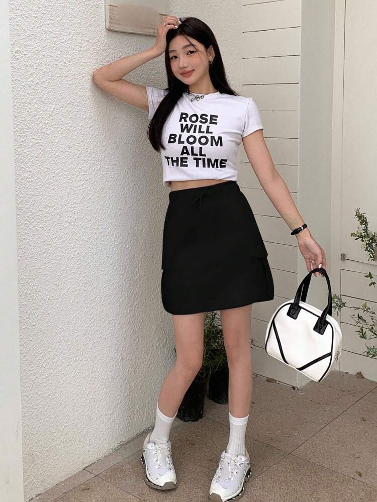 Solid Drawstring Waist Flap Pocket Black Skirt,Pencil Skirt Fall Skirts