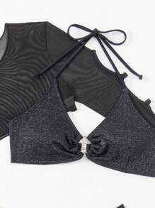 Swim EVENT Women's Summer Beach Solid Color Shiny Halter Neck Bikini Set With Long Sleeve Cover-Up, 3pcs