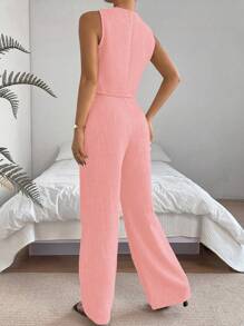 Chiquease Women's 2pcs Set V-Neck Sleeveless Buttoned Simple Top And Straight Wide-Leg Pants - Pink - View 2