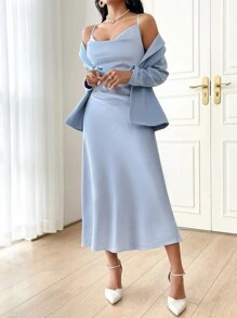 Modelyn Ladies' Solid Color Simple Daily Wear Suit With Long Sleeve Jacket And Dress 2 Pieces Set
