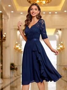 MIUSOL Sweetheart Neck Floral Lace Ruffle Trim Cocktail Party Swing Dress Wedding Guest Dress Prom Dress