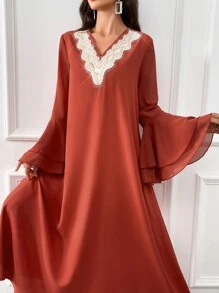 Al Najma Contrast Lace V Neck Flare Sleeve Dress - Coral Orange - View 5