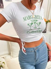 Chiquease Mushroom & Letter Graphic Drawstring Side Crop Tee - White - View 7