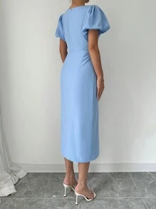 Elenzga 夏季纯色泡泡袖开衩淡蓝色连衣裙长款女装