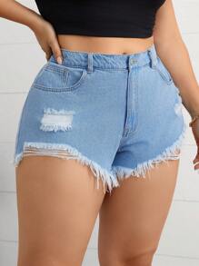 SHEIN Clasi Women's Plus Size Solid Color Simple Casual Denim Shorts - Light Wash - View 5