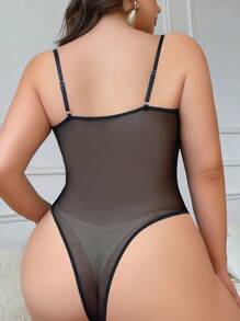 Body lencero minimalista con empalme de encaje estampado para tallas grandes - Negro - Ver 2
