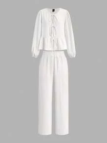 SHEIN Essnce 女用繫帶腰燈籠袖上衣高腰寬鬆褲兩件套2024春季休閒裝 - 白色 - 查看 1