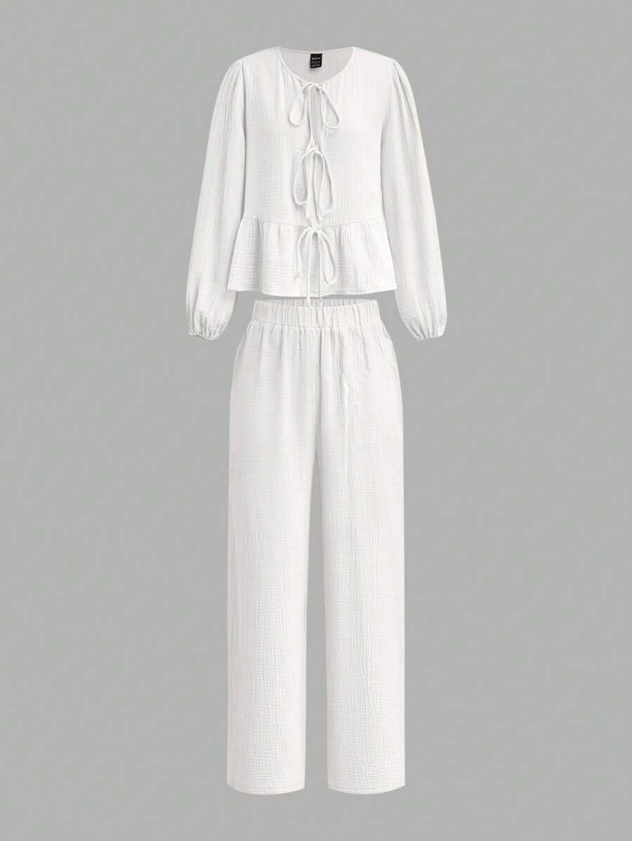 SHEIN Essnce 女用繫帶腰燈籠袖上衣高腰寬鬆褲兩件套2024春季休閒裝 - 白色 - 查看 1