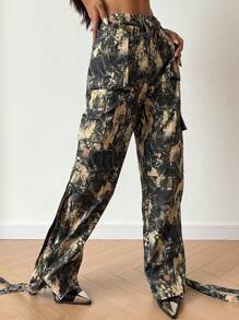 SHEIN Unity Women's Digital Printed Cargo Pants With Button Waistband And Cuff, High-End Design Fall Cloth For Women - Multicolor - View 3