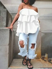 INAWLY Blusa de mujer de verano casual de unicolor con volantes y sin tirantes - Blanco - Ver 1