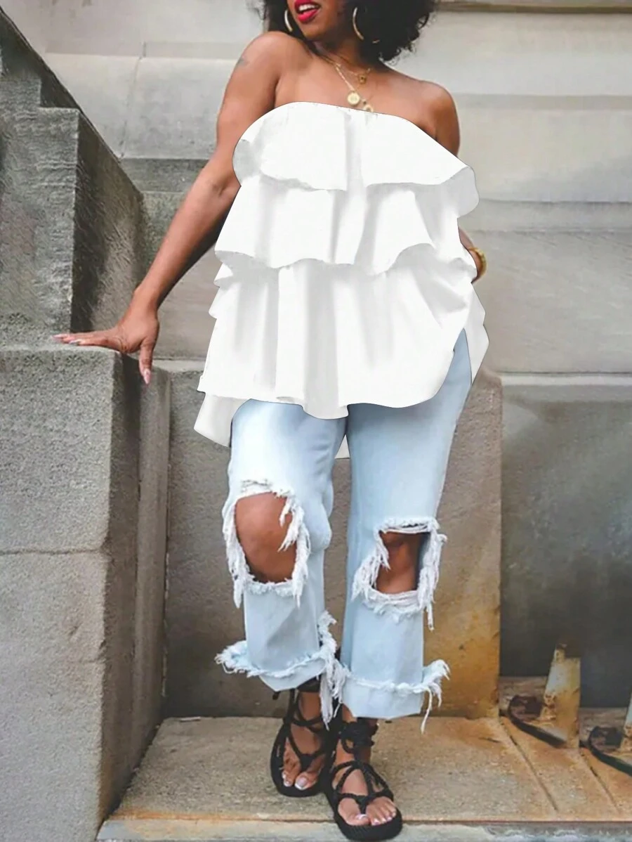 INAWLY Blusa de mujer de verano casual de unicolor con volantes y sin tirantes - Blanco - Ver 1
