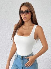 SHEIN PETITE Solid Color Wide Strap Basic Stretch White Bodysuit - White - View 3