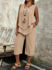 EMERY ROSE Plus Size Women's Simple Beige Sleeveless Top And 3/4 Pants 2pcs Set, Vacation Outfits, Boho Soft Form, Summer Vacation - Khaki - View 6