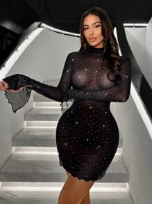 SHEIN SXY Mock Neck Lettuce Trim Mesh Bodycon Dress Without Lingerie