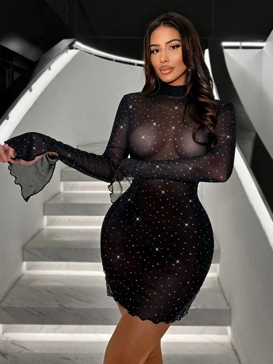 SHEIN SXY Mock Neck Lettuce Trim Mesh Bodycon Dress Without Lingerie