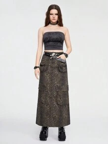ROMWE Goth Leopard Print Flap Pocket Denim Skirt - Brown - View 2