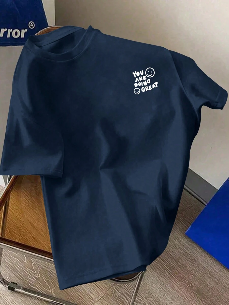 Men's Casual Short Sleeve Round Neck Plain T-Shirts, Simple & Fashionable For Everyday Wear, Spring & Summer Tee - Navy Blue - View 1
