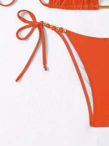 SHEIN Swim 純色露背綁帶夏季海灘比基尼套裝 - 亮橙色 - 查看 3
