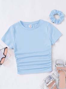 SHEIN Girlism Tween Girls' Casual Short Sleeve T-Shirt With Side Pleats And Hair Tie, Round Neck