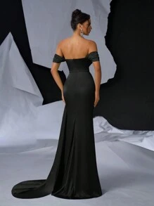 Glamrae Elegant Strapless Dress With Rhinestone Chest,Double-Sleeved,Side Slits,High-Low Hem & Train,Heavy Workmanship Flared Design For Party Evening Event - Black - View 3
