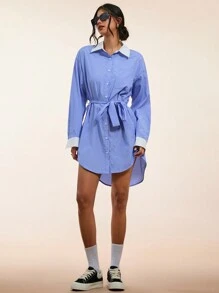Forever 21 通勤衬衫裙 拼接领 - 藍色 - 查看 1