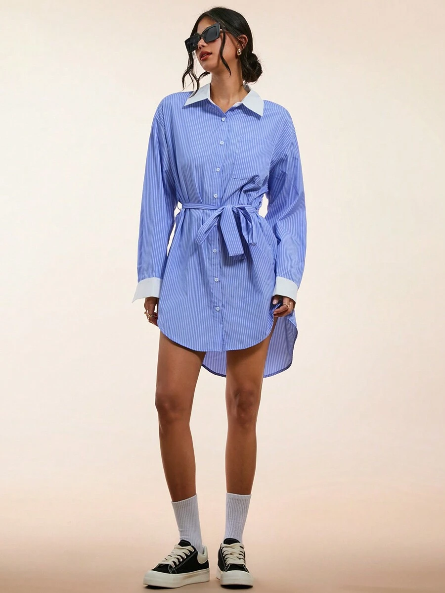 Forever 21 通勤衬衫裙 拼接领 - 藍色 - 查看 1