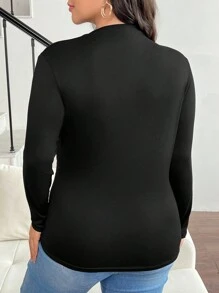 SHEIN Frenchy Plus Size Mock Neck Ruched Slim Fit Tee Fall - Black - View 5