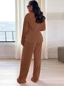 2pcs Women's Fashionable Puff Sleeve Blouse And Comfortable Wide Leg Pants Leisure Outfit