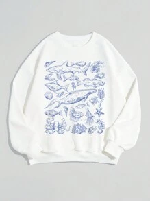 SHEIN CURVE+ Casual Simple Pattern Round Neck Loose Plus Size Long Sleeve Sweatshirt, Autumn/Winter