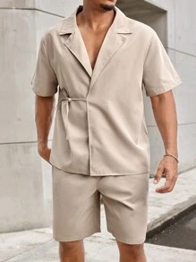 Manfinity Homme Bộ áo sơ mi và quần đùi ngắn tay hàng ngày cỡ lớn cho nam - Màu Khaki - Xem 7