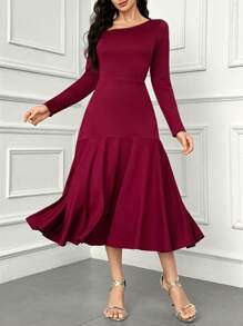 Modelyn Solid Asymmetrical Neck A-Line Dress For Holiday