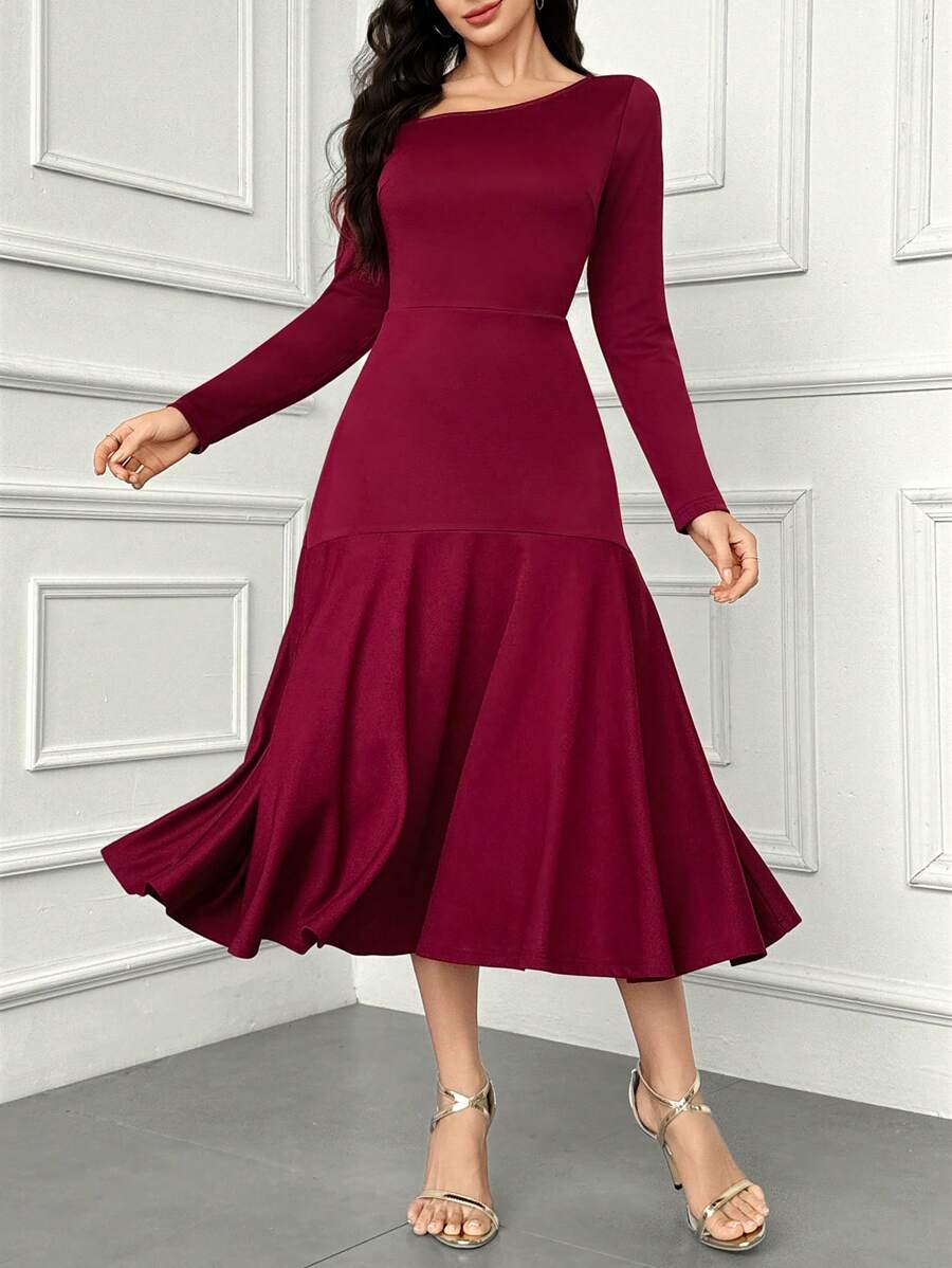 Modelyn Solid Asymmetrical Neck A-Line Dress For Holiday