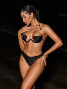 Swim SXY 女士純色領口束頸性感比基尼套裝，適用於夏季沙灘 - 黑色 - 查看 4