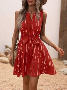 SHEIN Clasi 隨意剪裁的無袖假日休閒連身裙，線性印花設計 - 紅色 - 查看 6