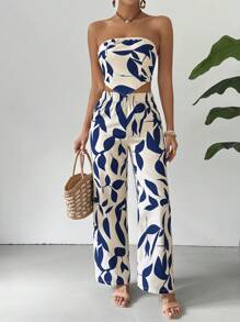 Breezaya 女性假日不對稱下擺植物印花管型上衣和褲子休閒兩件套