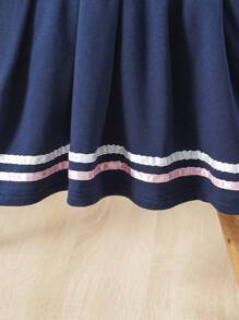 Baby Girl Letter Patched Striped Trim Long Sleeve Pleated Hem Dress - Navy Blue - View 5