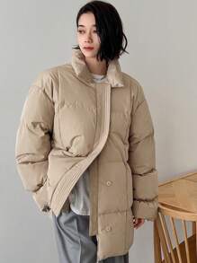 FRIFUL 1 件女士宽松纯色保暖棉服外套冬季 - 棕色 - 查看 3