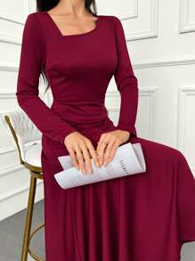 Modelyn Solid Asymmetrical Neck A-Line Dress For Holiday