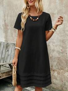 EMERY ROSE Women's Solid Color Round Neck Short Sleeve Simple Casual Dress, For Daily Wear - Black - View 6