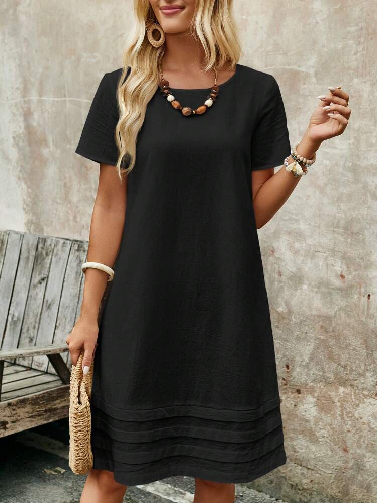 Women's Solid Color Round Neck Short Sleeve Simple Casual Dress, For Daily Wear