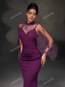 Nuovo set elegante da matrimonio con abito slim fit monocolore con contrasto in rete e cardigan senza maniche con spacchi aperti