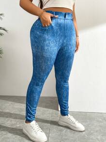 SHEIN Essnce 大碼高腰收腹口袋緊身褲 - 藍色 - 查看 4