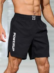 Manfinity Sport Corelite شورت رياضي كاجوال مطبوع عليه حرف للرجال بطراز الصديق، بنطلون رياضي قصير أسود للصيف - الأسود - مشاهدة 4