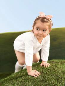 SHEIN Infant Girls' White Embroidered Lace Trim Bodysuit, Fall/Winter - White - View 1