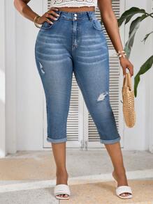 SHEIN VCAY Jeans Capri ajustados y sexys de talla grande con detalles destrozados y tejido elástico, color azul