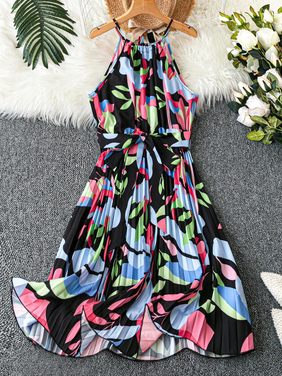 SHEIN Clasi 加大碼細肩帶無袖全印花裙，腰部帶帶和褶皺邊緣設計