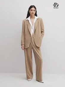 BizChic 女士清爽长袖纽扣口袋衬衫直筒舒适长裤套装商务休闲女装秋季女装 - 棕色 - 查看 8