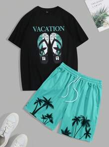 Manfinity RSRT Conjunto de 2 piezas para hombres de talla grande: camiseta de cuello redondo de manga corta con gráfico de letras y pantalones cortos tropicales con cordón, adecuado para vacaciones y playa
