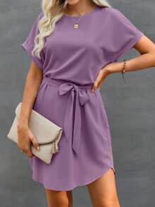 SHEIN Clasi 女款素色簡約日常短袖連衣裙 - 紫色 - 查看 3