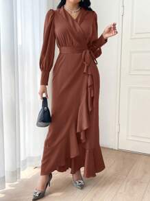 Modelyn Lantern Sleeve Ruffle Trim Wrap Belted Dress Long Evening Dresses - Redwood - View 5